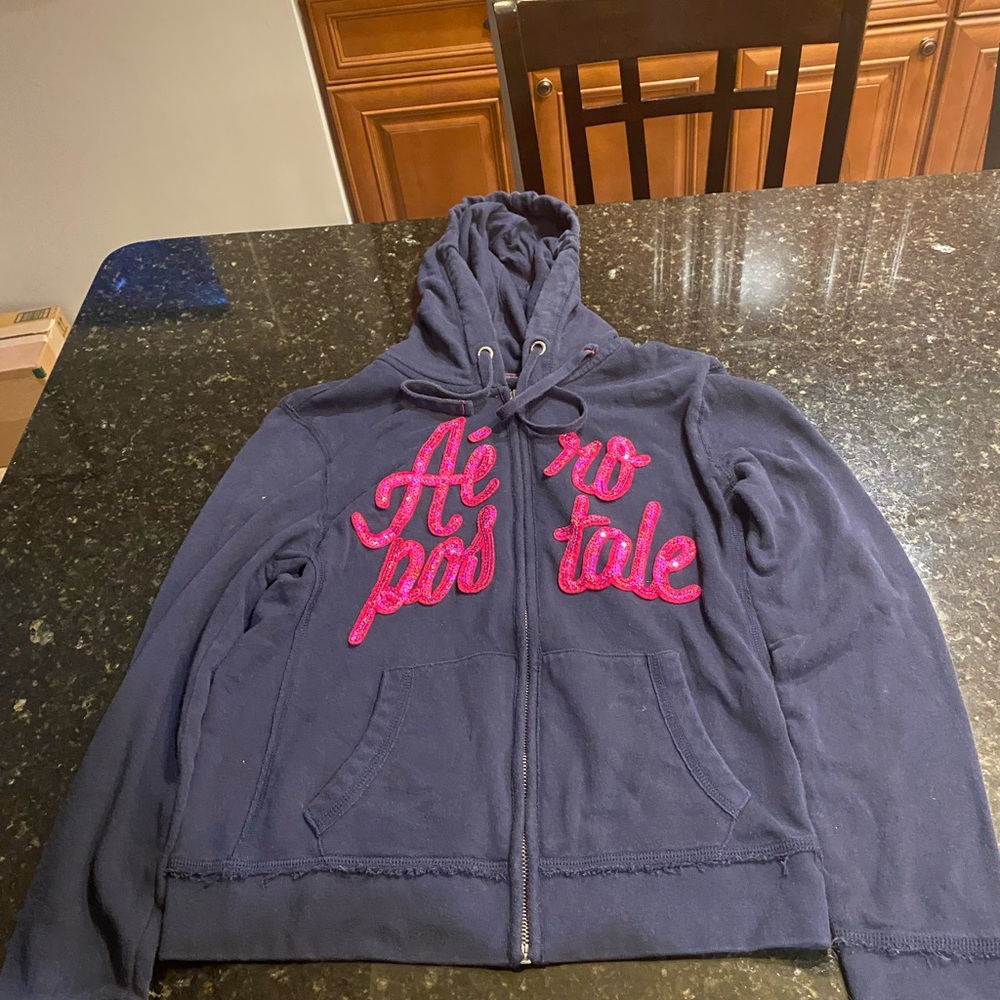 Aéropostale navy blue and pink‎ sequin zip up jacket woman’s medium